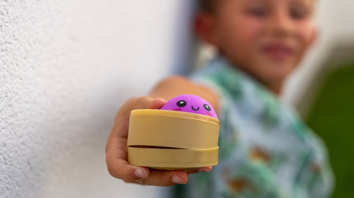 Child holding a cute anti-stress dumpling squishy toy with a purple character inside