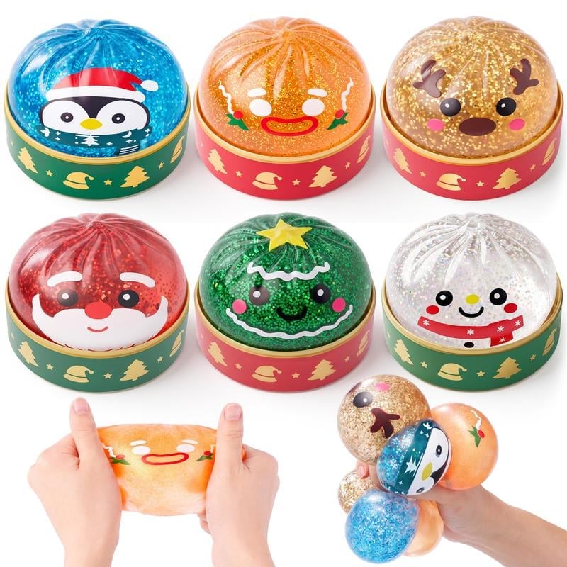Collection of six colorful plush holiday character ornaments with festive bands, shown with close-up views of squishable textures and a child's hand holding one.