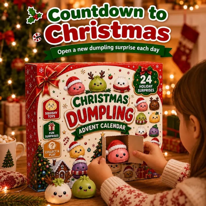 Child opening Christmas Dumpling Advent Calendar with 24 kawaii dumpling squishy toys in festive holiday setting